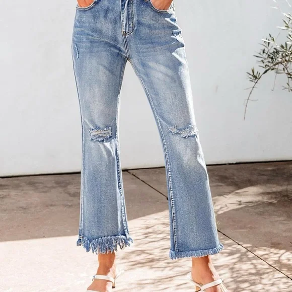 Like New XXL Crop Flare Jeans High Waist Rip Distressed Wide Leg Stretch Raw Hem - Picture 2 of 11